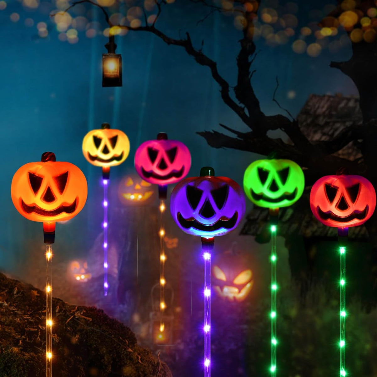 Set of 6 Solar Pumpkin Stake Lights for Halloween Decorations Outdoor, Colour Changing Lights, Light up Decorations, Pathway Party Porch Yard Decor (HUK119)