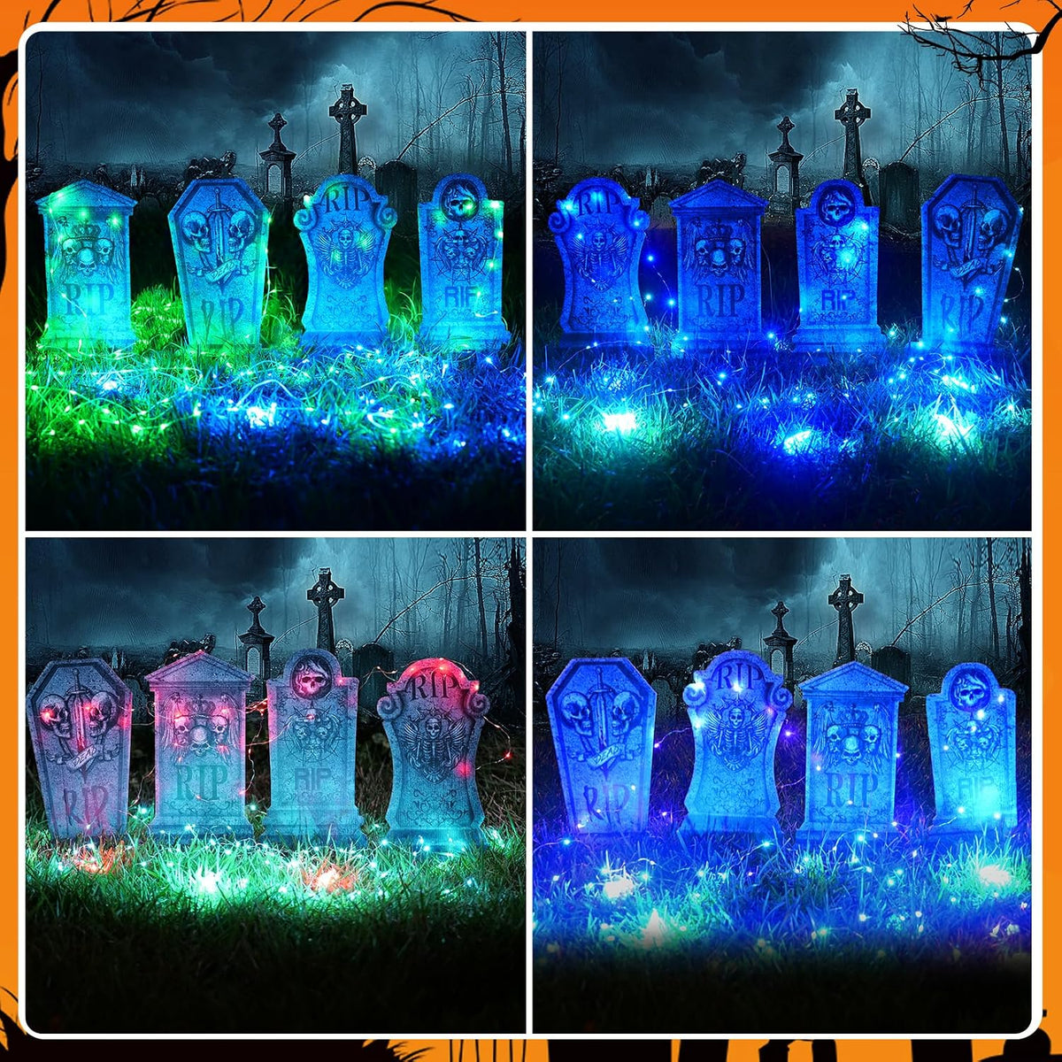 4 Pack Halloween Tombstone Decorations 16.2"-Green & Blue LED