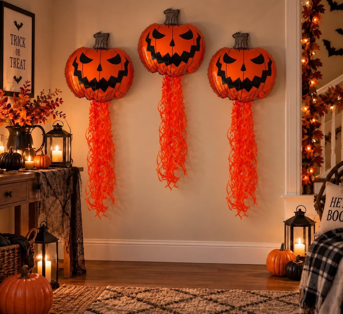 3 Pack Halloween Pumpkin Hanging Decorations, Large 62Cm Foil Pumpkin Balloons with Orange Tassel Streamers, Halloween Party Decorations for Home, Door, Window & Indoor Display