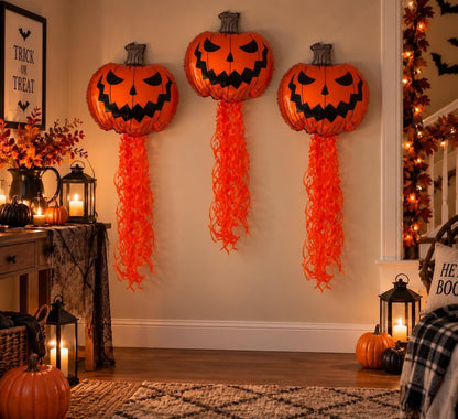 3 Pack Halloween Pumpkin Hanging Decorations, Large 62Cm Foil Pumpkin Balloons with Orange Tassel Streamers, Halloween Party Decorations for Home, Door, Window & Indoor Display