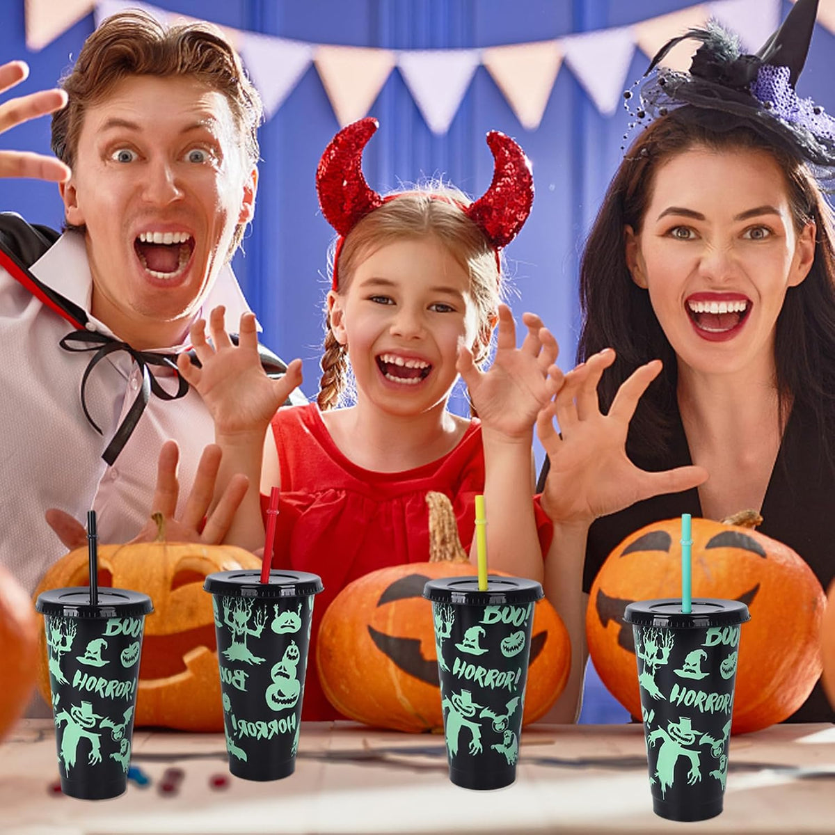 Set of 5 Luminous Colour-Changing Halloween Tumblers with Lids and Straws - 710ml Reusable Drinkware for Smoothies