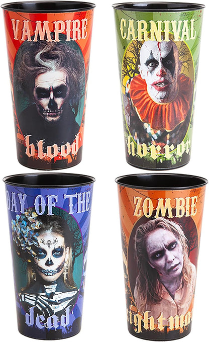 Set of 4 Large 32Oz Horror Themed Halloween Party Cups Realistic Graphics Zombie Vampire Clown Day of the Dead Sturdy Plastic Reusable Drinks Beverage Cup Tumbler