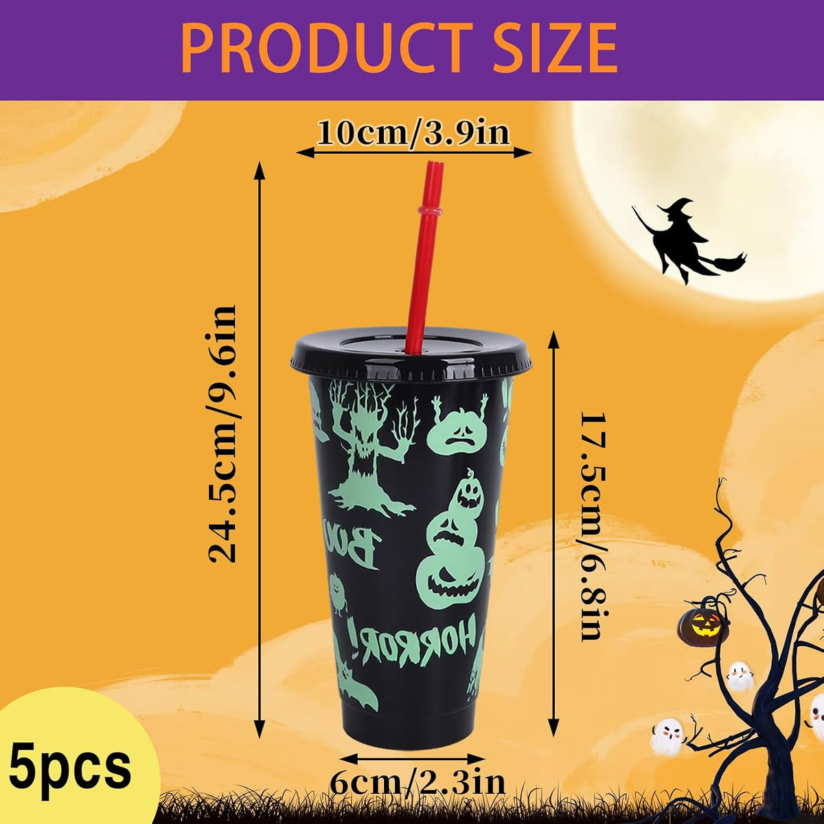 Set of 5 Luminous Colour-Changing Halloween Tumblers with Lids and Straws - 710ml Reusable Drinkware for Smoothies