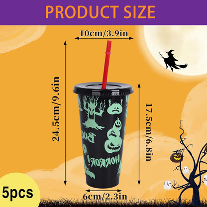 Set of 5 Luminous Colour-Changing Halloween Tumblers with Lids and Straws - 710ml Reusable Drinkware for Smoothies