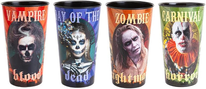 Set of 4 Large 32Oz Horror Themed Halloween Party Cups Realistic Graphics Zombie Vampire Clown Day of the Dead Sturdy Plastic Reusable Drinks Beverage Cup Tumbler