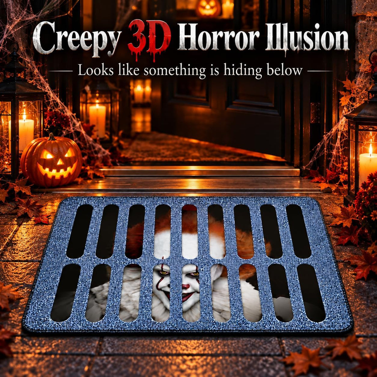 Halloween Door Mat, 60X40Cm Creepy Clown Sewer Grate Rug, Non-Slip Backing