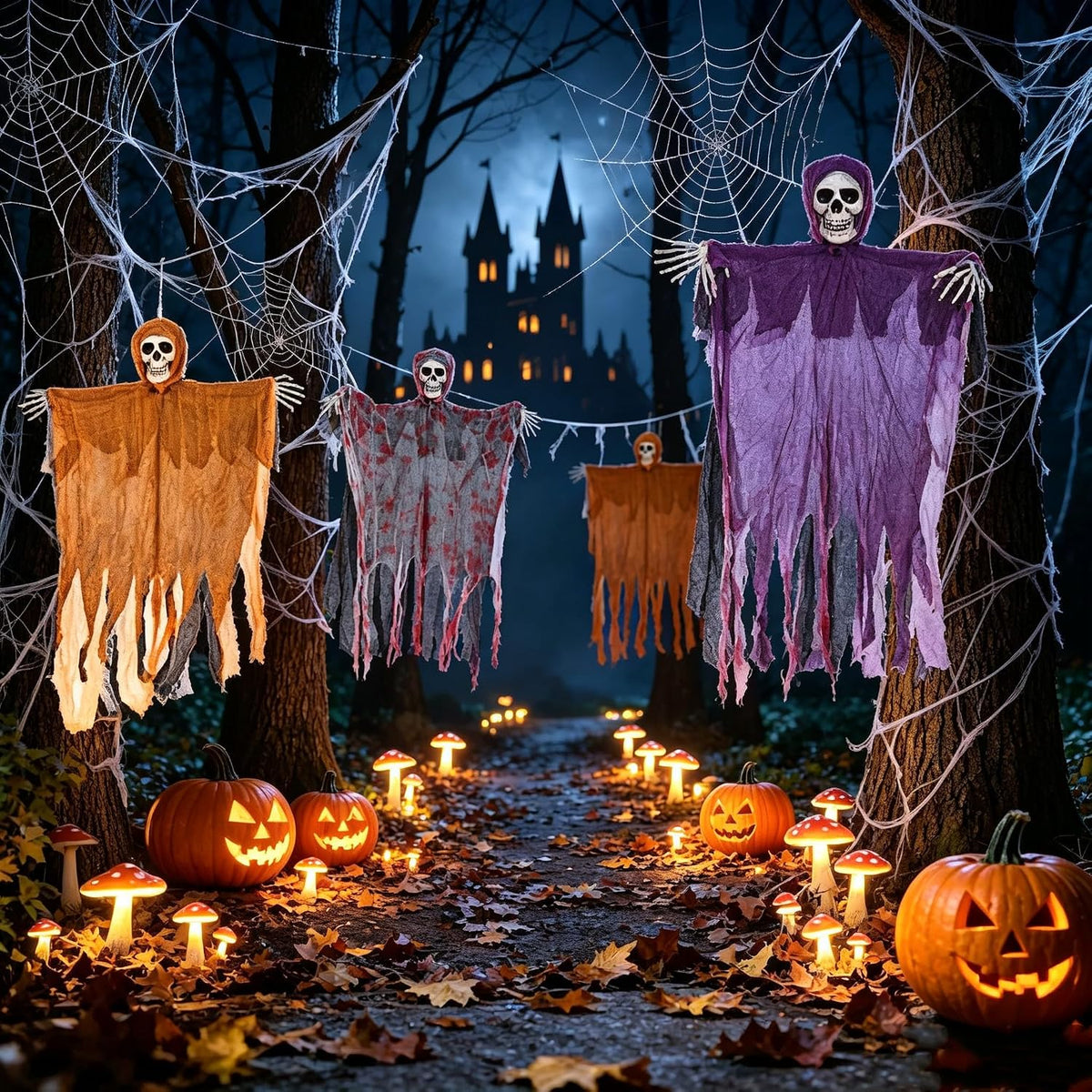 Hanging Halloween Decorations Outdoor Skeleton Ghost with 8 Modes Lights, Halloween Lighted Skeleton Ghost Set, 3 Pack 80Cm Ghosts Haloween Decor,Bloody Specter for Door outside Halloween Party Decor