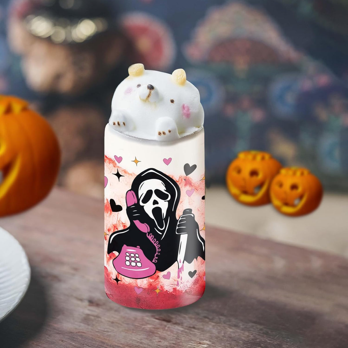 Halloween Mug Ghostface, Horror Ghost Mask Glass Cups with Lids and Straws Halloween Boo Gifts Cup Ghost Coffee Matcha Glass, Gift for Women Friends Men Gifts