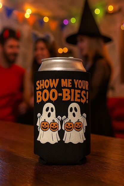 Happy Halloweiner Neoprene Can Cooler – Humorous Halloween Beverage Sleeve, Double-Sided Insulator for 12Oz Drinks, Ideal for Parties, College Events, BBQs, and Seasonal Decor
