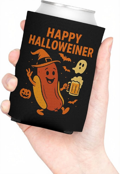 Happy Halloweiner Neoprene Can Cooler – Humorous Halloween Beverage Sleeve, Double-Sided Insulator for 12Oz Drinks, Ideal for Parties, College Events, BBQs, and Seasonal Decor