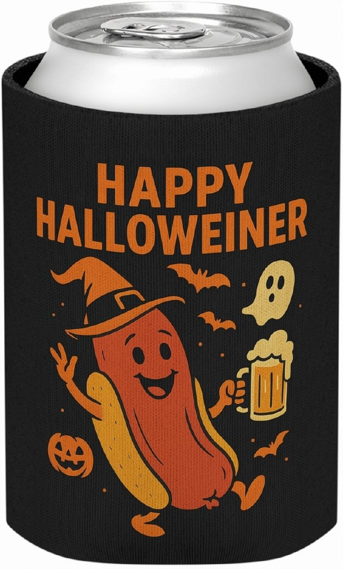 Happy Halloweiner Neoprene Can Cooler – Humorous Halloween Beverage Sleeve, Double-Sided Insulator for 12Oz Drinks, Ideal for Parties, College Events, BBQs, and Seasonal Decor