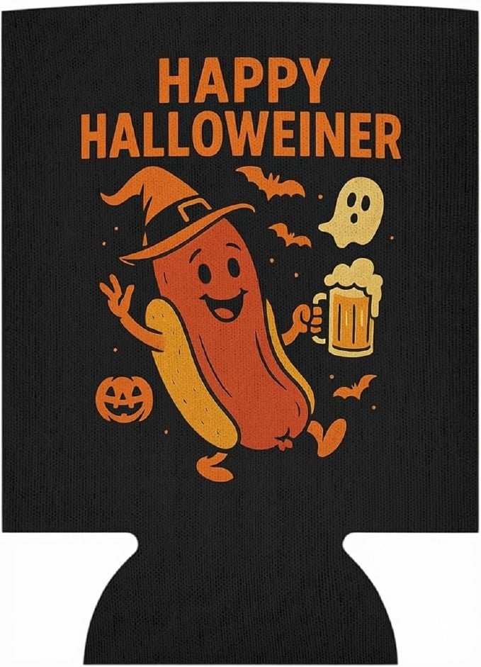 Happy Halloweiner Neoprene Can Cooler – Humorous Halloween Beverage Sleeve, Double-Sided Insulator for 12Oz Drinks, Ideal for Parties, College Events, BBQs, and Seasonal Decor