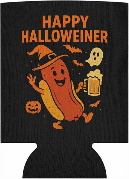 Happy Halloweiner Neoprene Can Cooler – Humorous Halloween Beverage Sleeve, Double-Sided Insulator for 12Oz Drinks, Ideal for Parties, College Events, BBQs, and Seasonal Decor