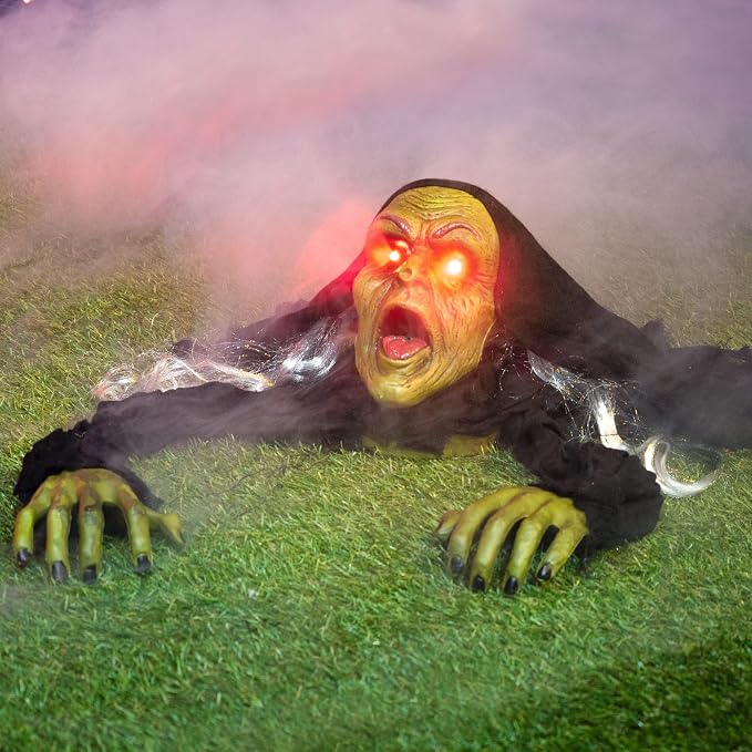Zombie Halloween Decoration Outdoor Groundbreaker Scary Halloween Graveyard Decor with Sound and Flashing Eyes for Yard Garden, outside Lawn Haunted House Prop