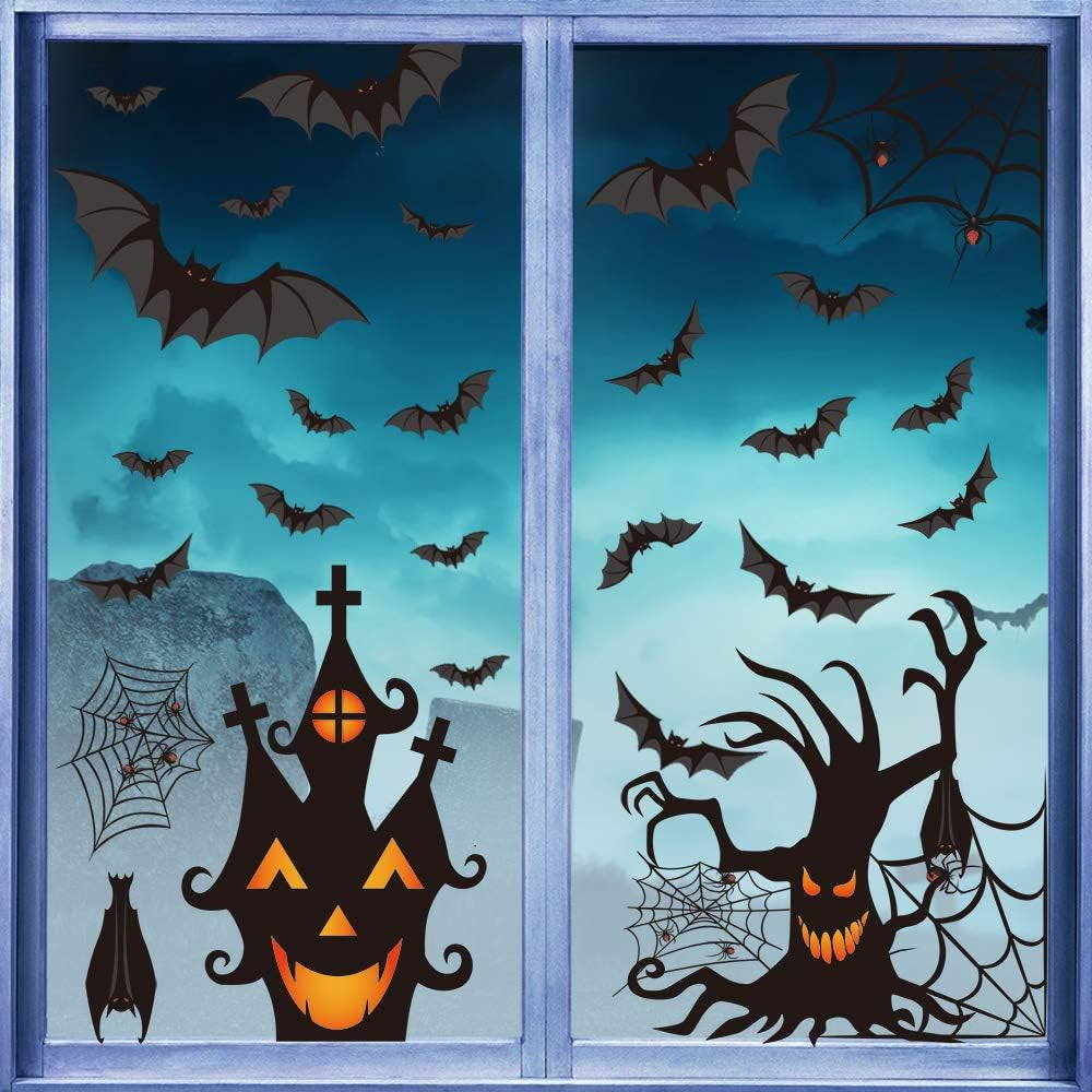Halloween Window Clings - Set of 7 Sheets Featuring Bats and Spiders Decals