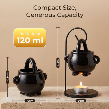 Cauldron Wax Melt Burner with Tealight Candle, Warming Stand, Decorative Hanging Living Room Home Decor and Aromatherapy, Spooky Halloween Black Warmer Pot