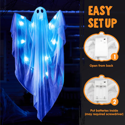 Halloween Hanging Light up Ghost with Spooky Blue LED Light, 47” White Hanging Ghosts, Best Halloween Hanging Decoration for Front Yard Patio Lawn Garden Party Decor Indoor Outdoor