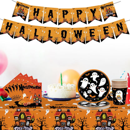 54Pcs Halloween Party Tableware Decorations Halloween Party Decorations Table Cloth ,Banner,Paper Napkins,7Inch Paper Plates Dinnerware Set for Halloween Theme Table Party Favor