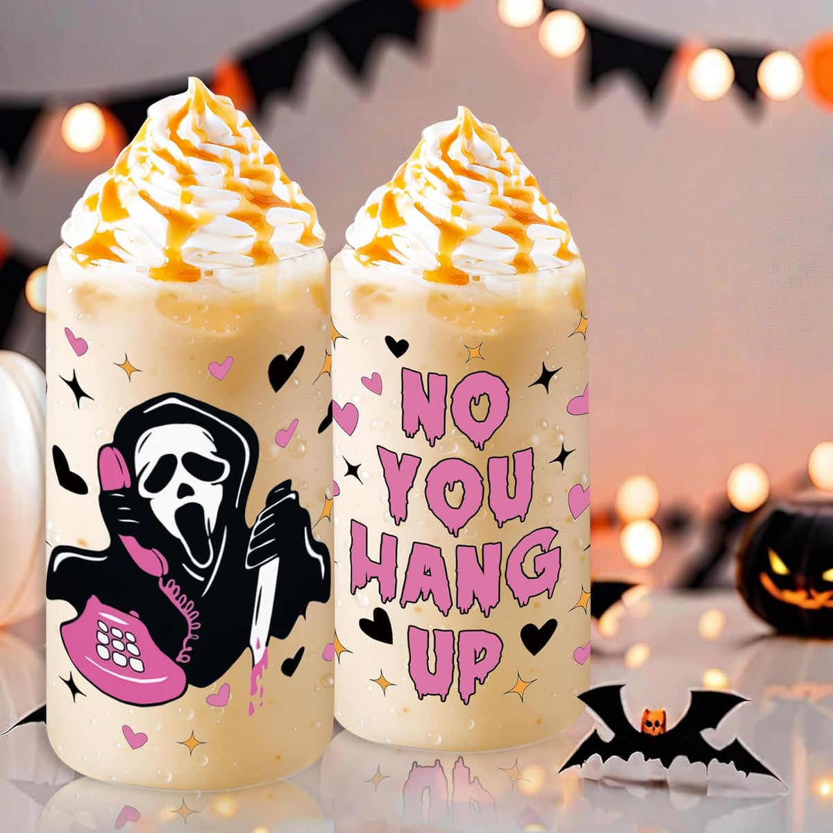 Halloween Mug Ghostface, Horror Ghost Mask Glass Cups with Lids and Straws Halloween Boo Gifts Cup Ghost Coffee Matcha Glass, Gift for Women Friends Men Gifts