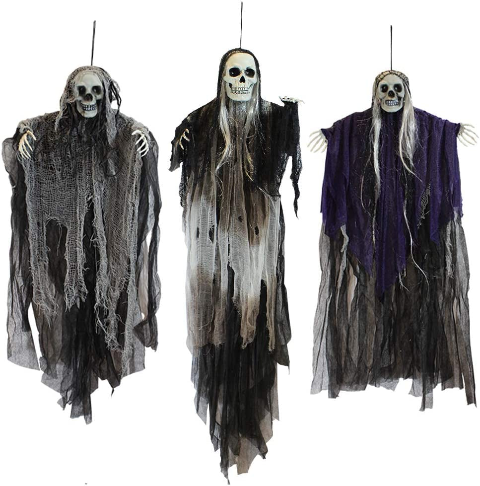 3 Pack Hanging Halloween Skeleton Ghosts Decorations, Grim Reapers for Halloween Outdoor Decorations