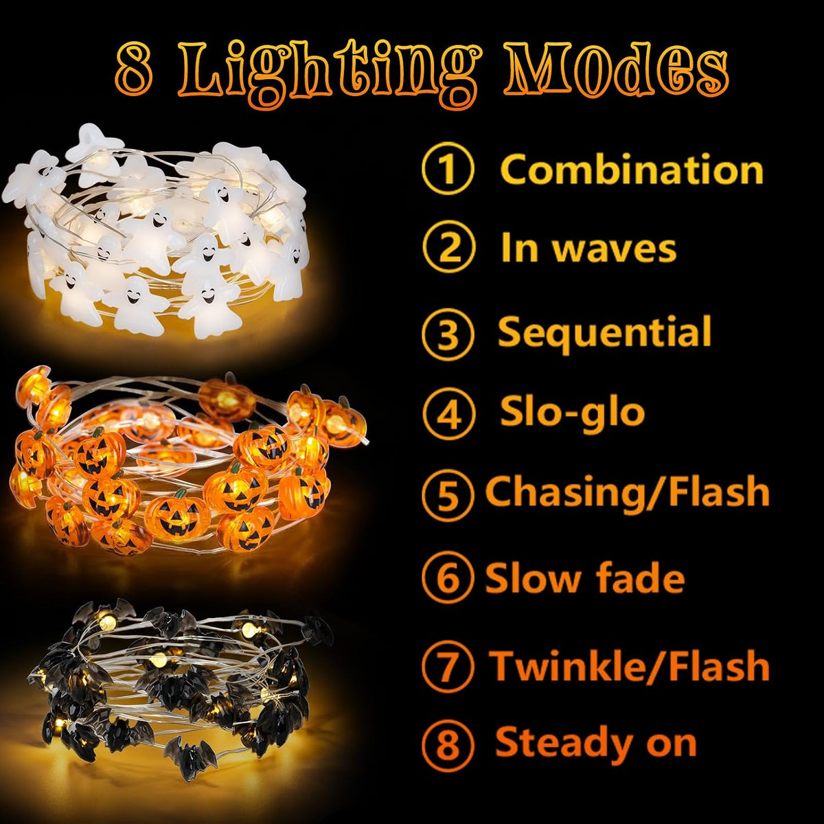 Halloween Lights Set of 3 Themed Fairy Lights with 30 LED Pumpkin Bat and Ghost Indoor Halloween Decorations Battery Powered with 8 Lighting Modes Waterproof Decor for Indoor and Outdoor
