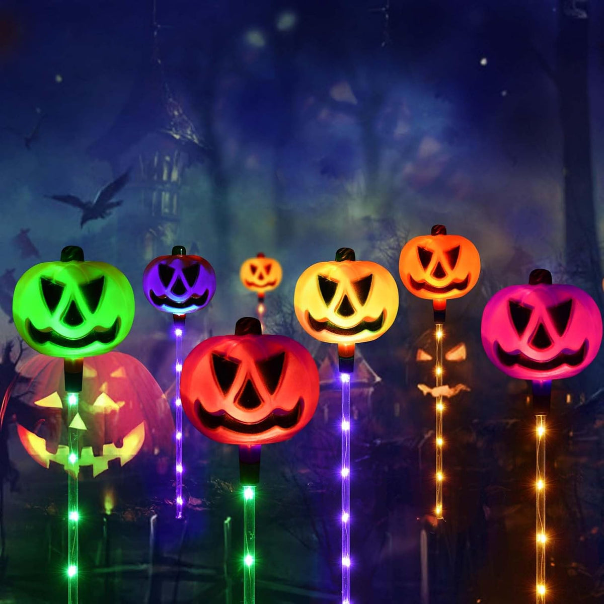 Set of 6 Solar Pumpkin Stake Lights for Halloween Decorations Outdoor, Colour Changing Lights, Light up Decorations, Pathway Party Porch Yard Decor (HUK119)