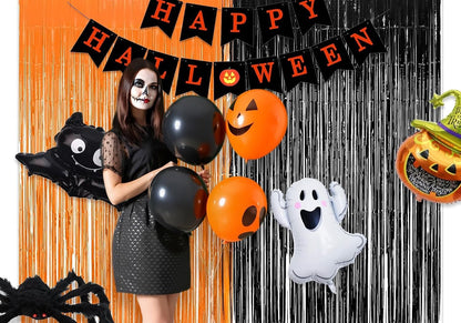 Halloween Party Decorations Black Orange Foil Fringe Curtain - 2PCS 3.3 X 8.2 Ft Metallic Tinsel Curtains Photo Booth Backdrop, Room Decor for Halloween Pumpkin Costumes Family Party