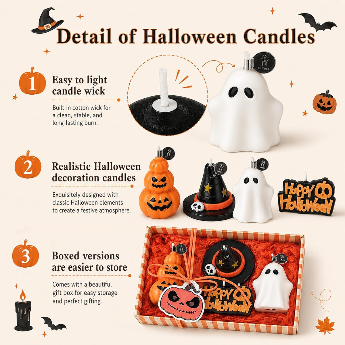 4 PCS Fall Pumpkin Candle Halloween Ghost Candles with Gift Box
