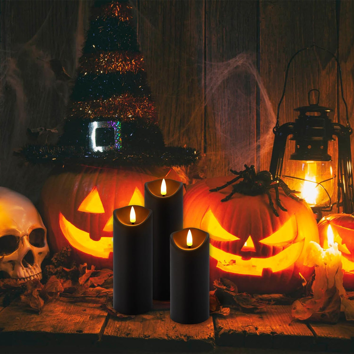 24 Pack Halloween Decoration Flickering Flameless Candles, Battery Operated LED Pillar Candles with Remote Control and Timer.For Home Decor (D2.2 Xh 5" 6" 7" Black)