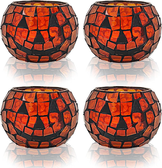 Halloween Candle Holder Set of 4 Mosaic Glass Pumpkin Table Decor