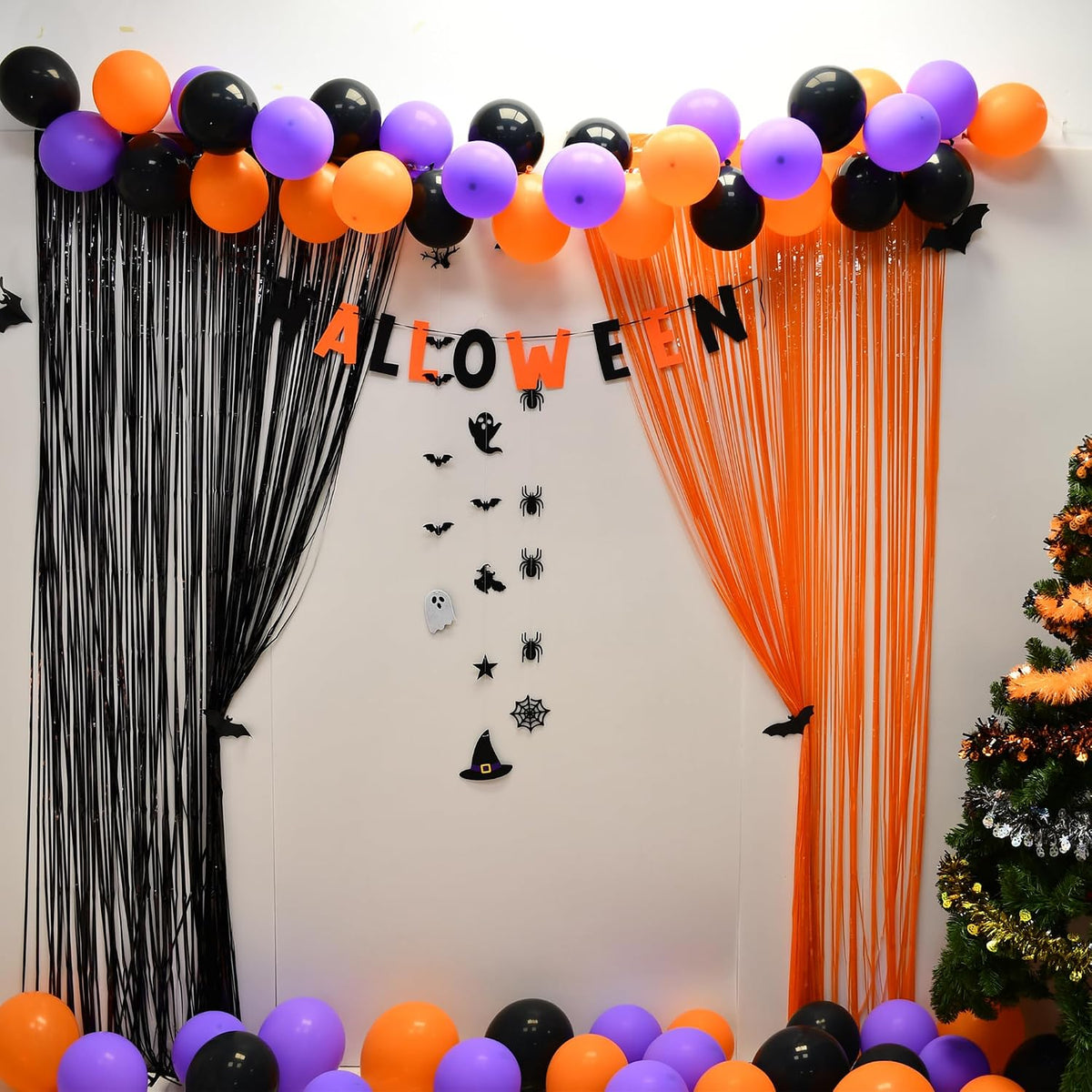 Halloween Party Decorations Black Orange Foil Fringe Curtain - 2PCS 3.3 X 8.2 Ft Metallic Tinsel Curtains Photo Booth Backdrop, Room Decor for Halloween Pumpkin Costumes Family Party