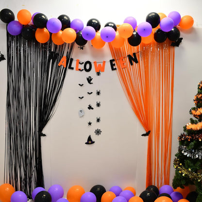 Halloween Party Decorations Black Orange Foil Fringe Curtain - 2PCS 3.3 X 8.2 Ft Metallic Tinsel Curtains Photo Booth Backdrop, Room Decor for Halloween Pumpkin Costumes Family Party