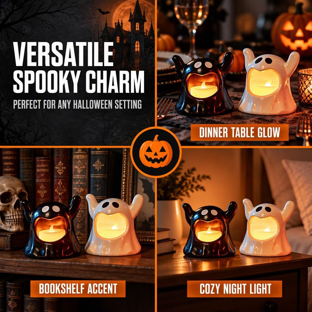 Set of 2 Battery-Operated Black and White Halloween Ghost Candle Holders for Table Decoration
