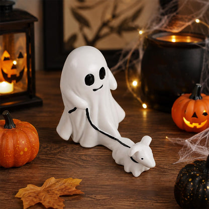 Halloween Ghost Figurine: Charming Desk Decor Featuring a Ghost Walking a Dog