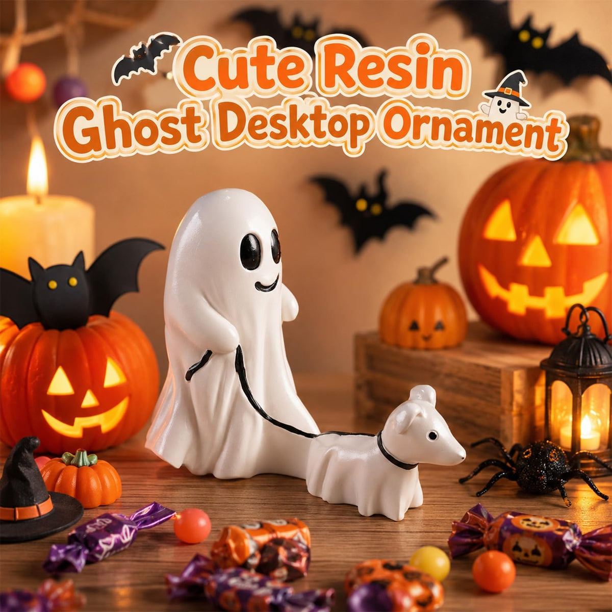 Halloween Ghost Figurine: Charming Desk Decor Featuring a Ghost Walking a Dog