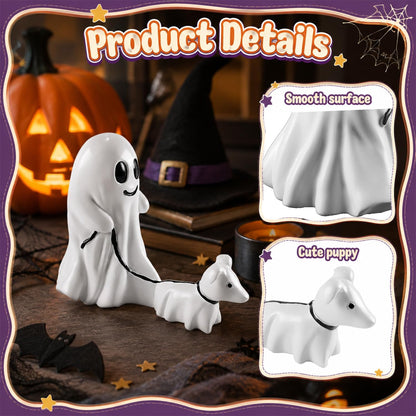 Halloween Ghost Figurine: Charming Desk Decor Featuring a Ghost Walking a Dog