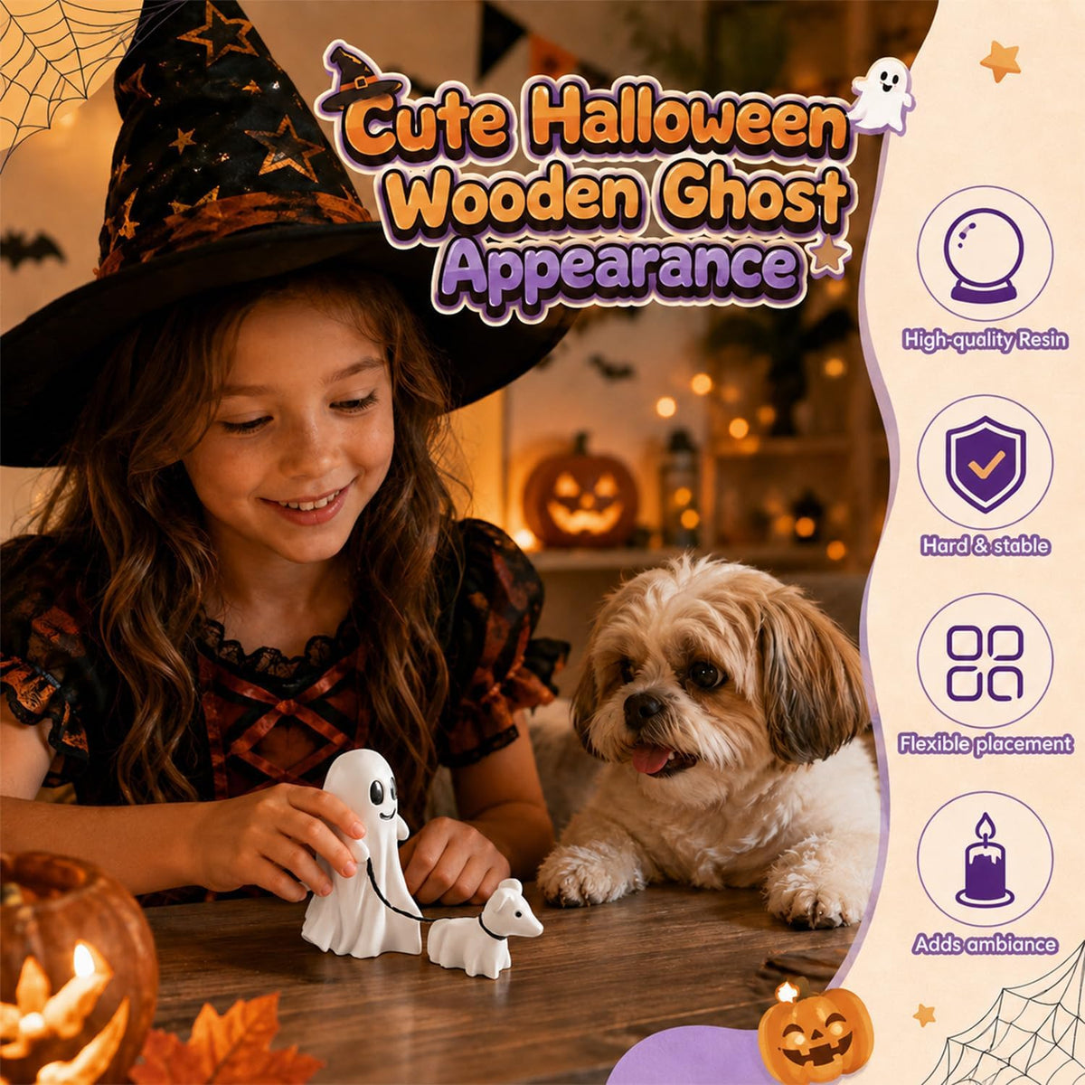 Halloween Ghost Figurine: Charming Desk Decor Featuring a Ghost Walking a Dog