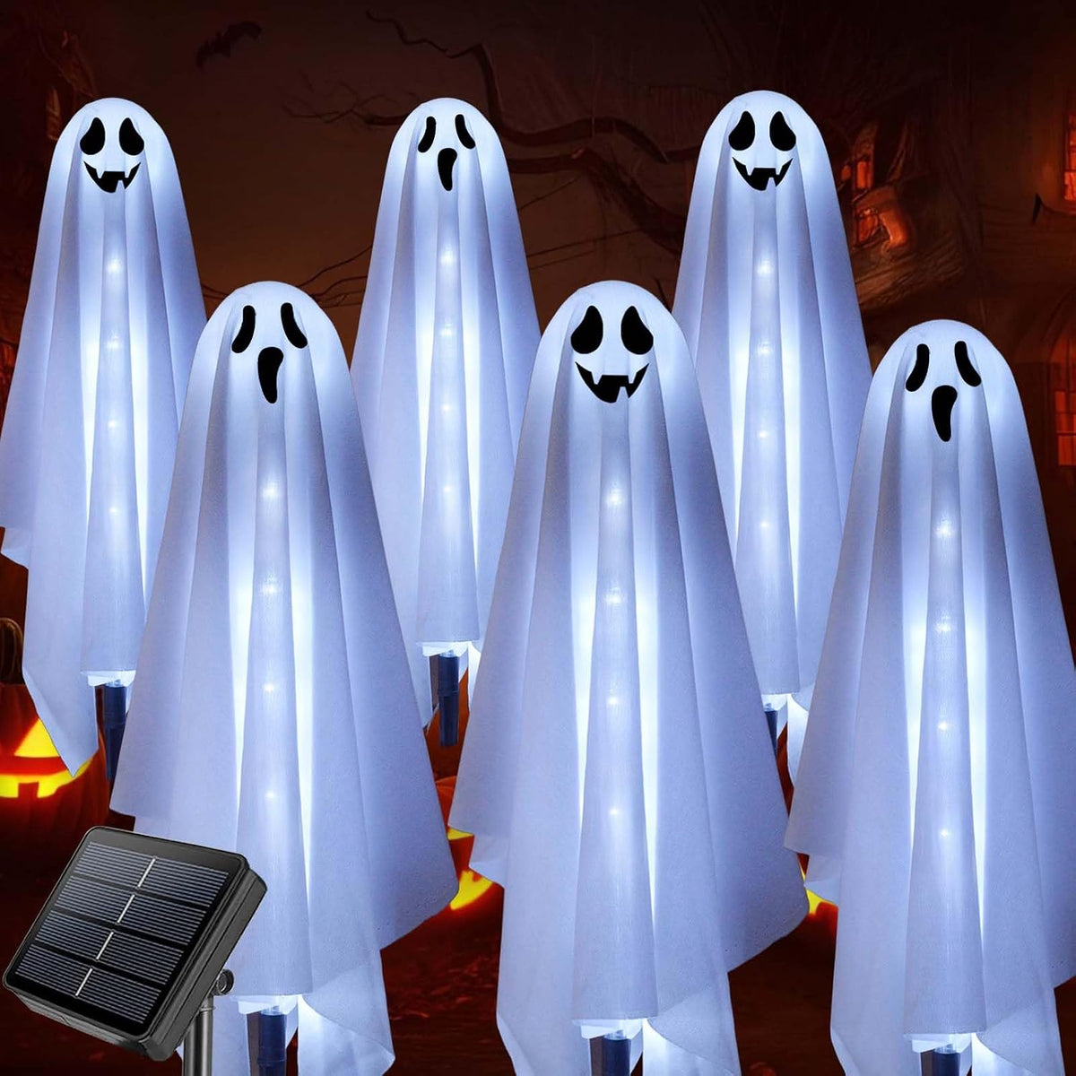 Set of 6 Solar Ghost Stake Lights, Halloween Decorations Outdoor, Scary Spooky Garden Patio Grave Lawn Porch Pathway Lights for outside Yard Trick or Treat Halloween Party Decor Cool White