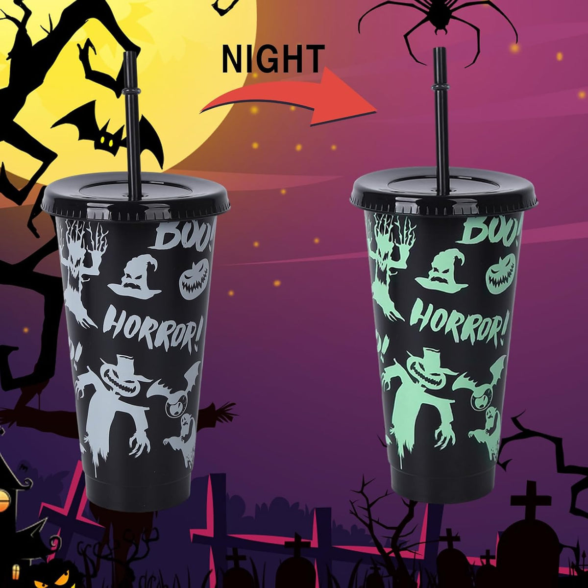 Set of 5 Luminous Colour-Changing Halloween Tumblers with Lids and Straws - 710ml Reusable Drinkware for Smoothies