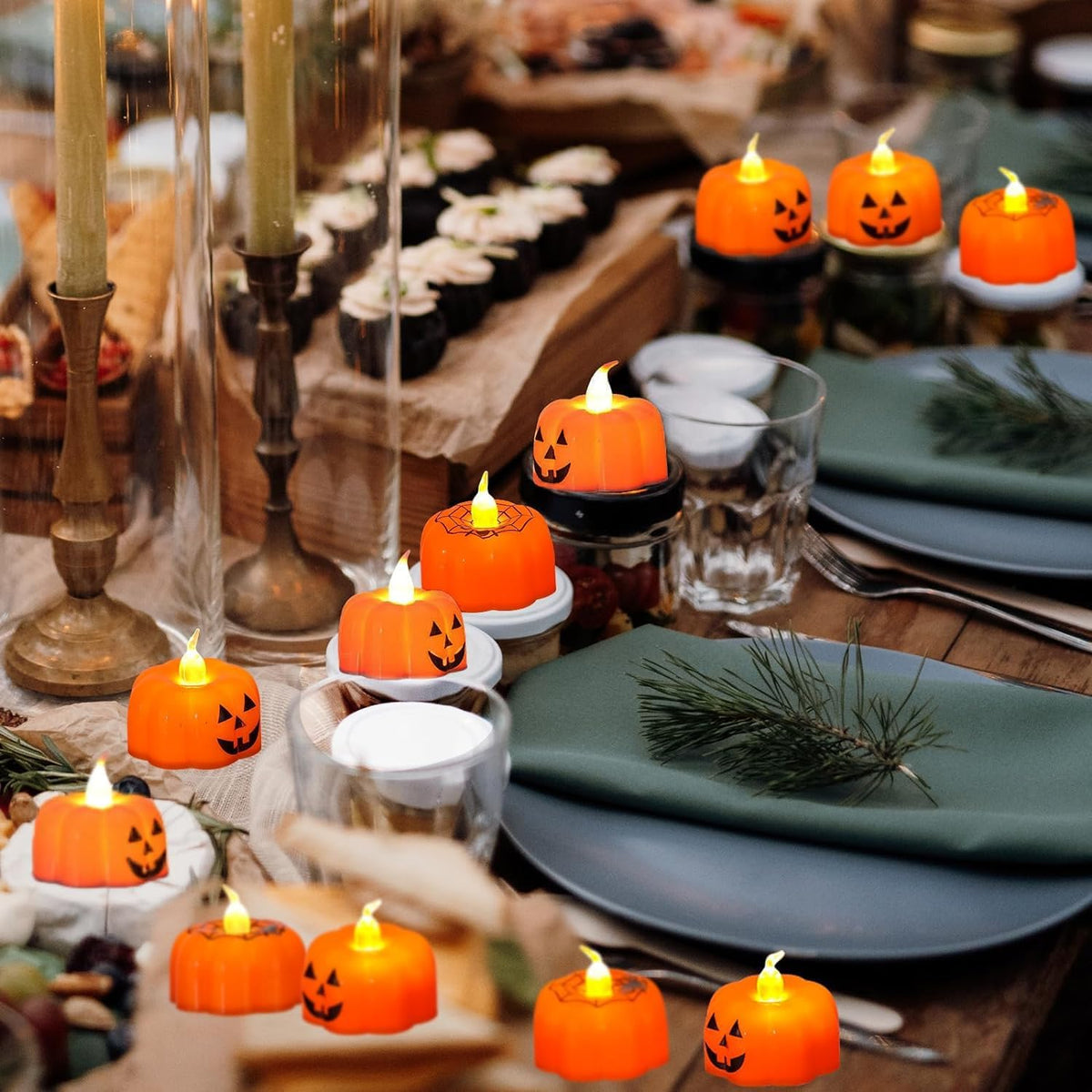 12PCS Pumpkin Tealights Candles Flameless Halloween Party Decorations, Flickering Candle Lights Battery Operated LED Tea Lights - 3D Orange Lanterns Candles for Halloween Parties