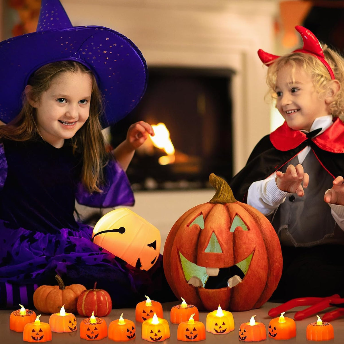 12PCS Pumpkin Tealights Candles Flameless Halloween Party Decorations, Flickering Candle Lights Battery Operated LED Tea Lights - 3D Orange Lanterns Candles for Halloween Parties