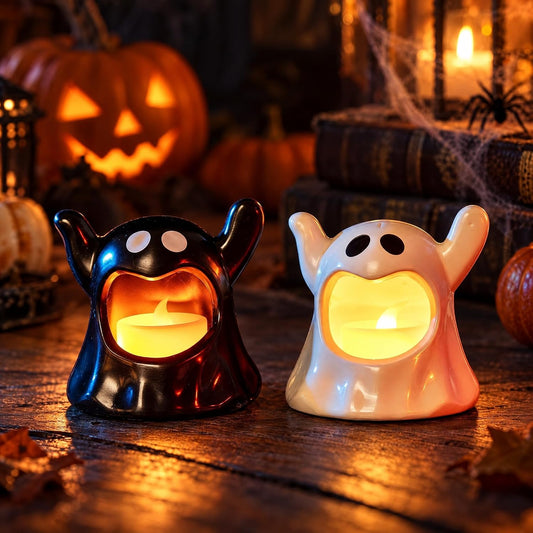 Set of 2 Battery-Operated Black and White Halloween Ghost Candle Holders for Table Decoration
