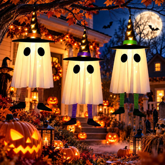 Halloween Decorations,3 Pack Witcher Hat,Hanging Witch,Lighted Flying Ghost Grim,White Ghost Wizard Hat,For Party Patio Door Window Tree Porch Home Lawn Wall