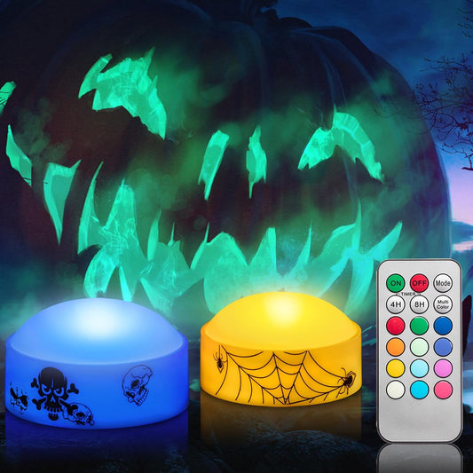 Set of 2 Remote-Controlled Color-Changing LED Pumpkin Lights with Timer, Battery Operated Jack-O-Lantern Design in 12 Colors, Featuring Skull and Spider Web Motif, Flameless Halloween Decor