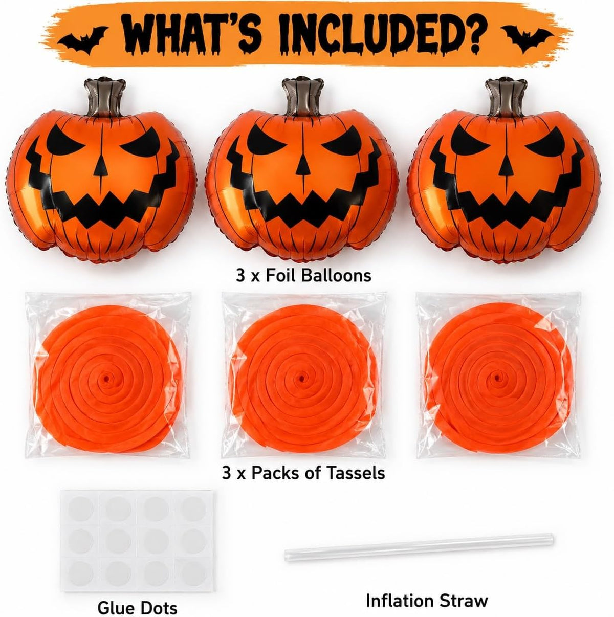 3 Pack Halloween Pumpkin Hanging Decorations, Large 62Cm Foil Pumpkin Balloons with Orange Tassel Streamers, Halloween Party Decorations for Home, Door, Window & Indoor Display