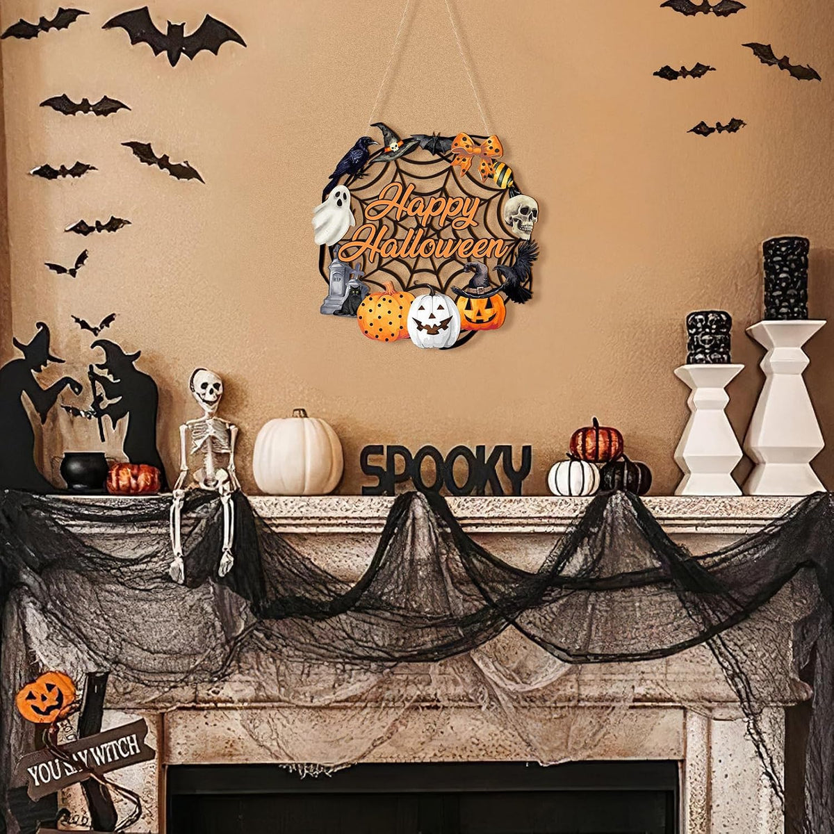Halloween Decorations, Happy Halloween Door Wreath Sign for Outdoor Decor