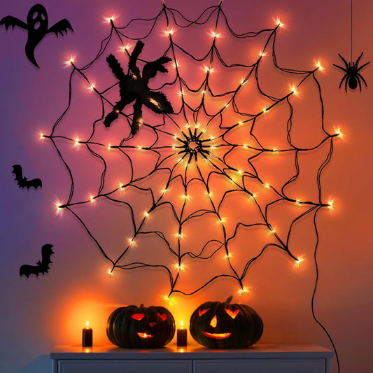 Halloween Decorations  Halloween Spider Web Lights with Plush Spider - Spooky Indoor Light-Up Decorations for Kids Party Haunted House Window Decor (3FT/100CM）