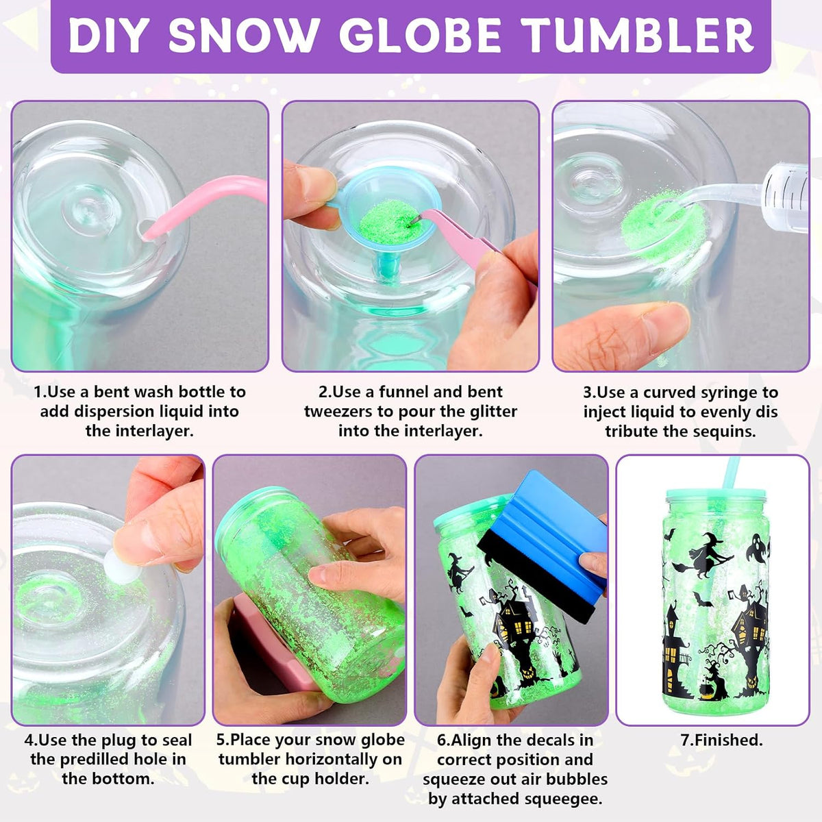 28 Pcs Halloween DIY Snow Globe Tumbler Kit 16 Oz Double Wall Acrylic Cups