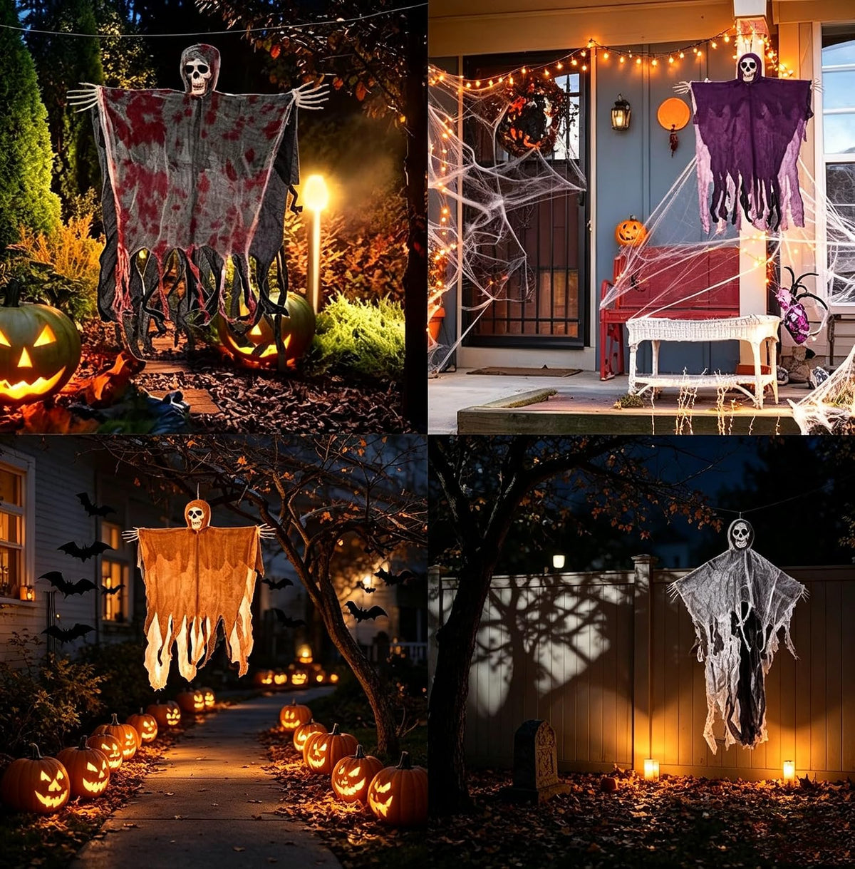 Hanging Halloween Decorations Outdoor Skeleton Ghost with 8 Modes Lights, Halloween Lighted Skeleton Ghost Set, 3 Pack 80Cm Ghosts Haloween Decor,Bloody Specter for Door outside Halloween Party Decor