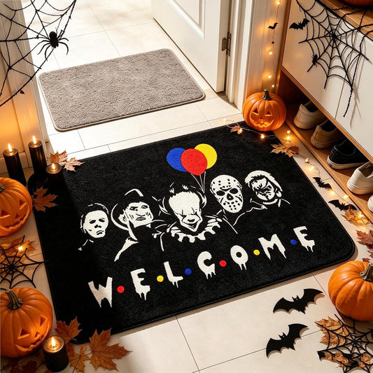 Halloween Decorations Outdoor Halloween Door Mat Horror Movie Characters Welcome Print Black Base Scary Face Graphic Iconic Villain Silhouette Paired with Colorful Balloon Builds Spooky Vibe 40×60Cm